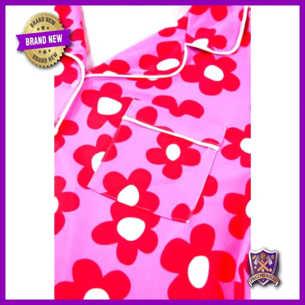 Women's Floral Pajama Set with Notch Collar Drawstring Shorts Size XL